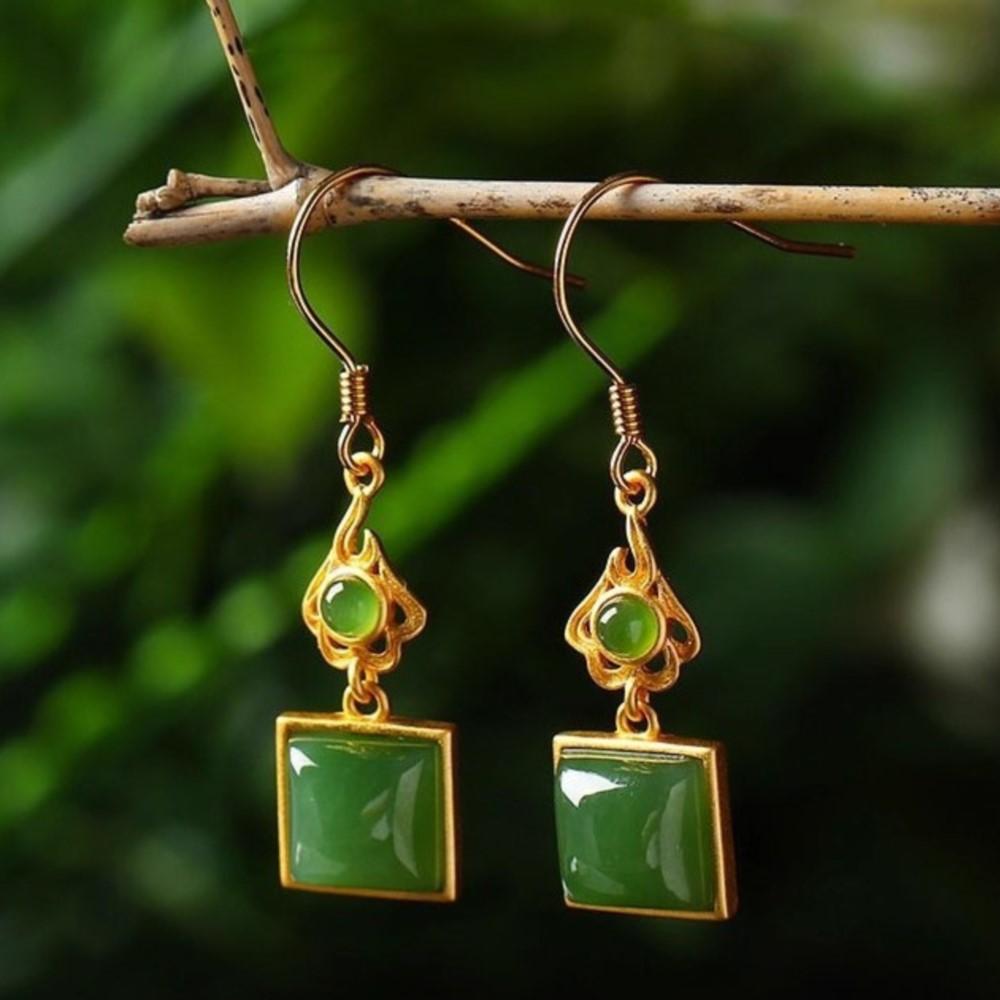 

PANJBJ 925 Silver Hotan Jade Drop Earring for Women Geometry Hollow Out Retro Luxury Anniversary Ethnic Jewelry Gift Dropship