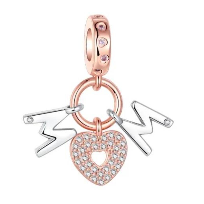 Sparkling Birthstone Charms Copper Heart Mom Key Pendant Bead Fit Original Necklace Bracelet Women Jewelry Diy Gift