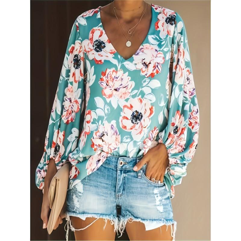 Summer V Neck Printed Lantern Sleeve Loose Fit Shirt