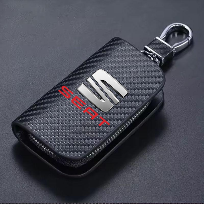wszp1 Car Key Bag Carbon Fiber Key Holder Keyring Wallet Zipper For Seat Leon Ibiza Alhambra Exeo Altea Arona Mii IBL Car Accessories
