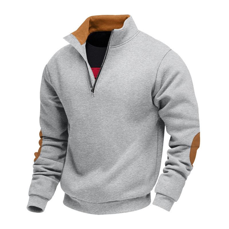 Men's Fleece-Lined Zip-Up Stand Collar Patchwork Contrast Colour Henley Long-Sleeved Casual Sweatshirt for Autumn/Winter