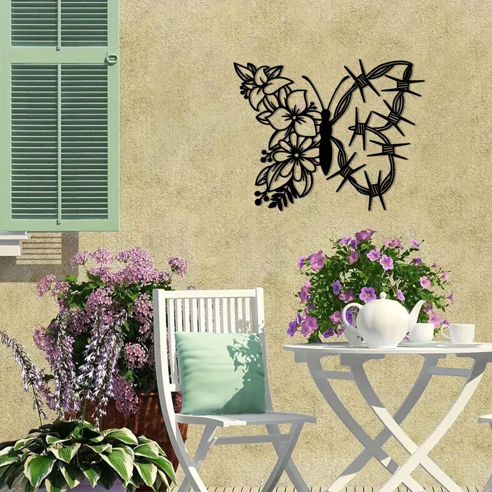 1pc Metal Butterfly Flower Wall Art, Indoor Outdoor Home Decor for Farmhouse Living Room Bedroom Porch Fence Garden Courtyard