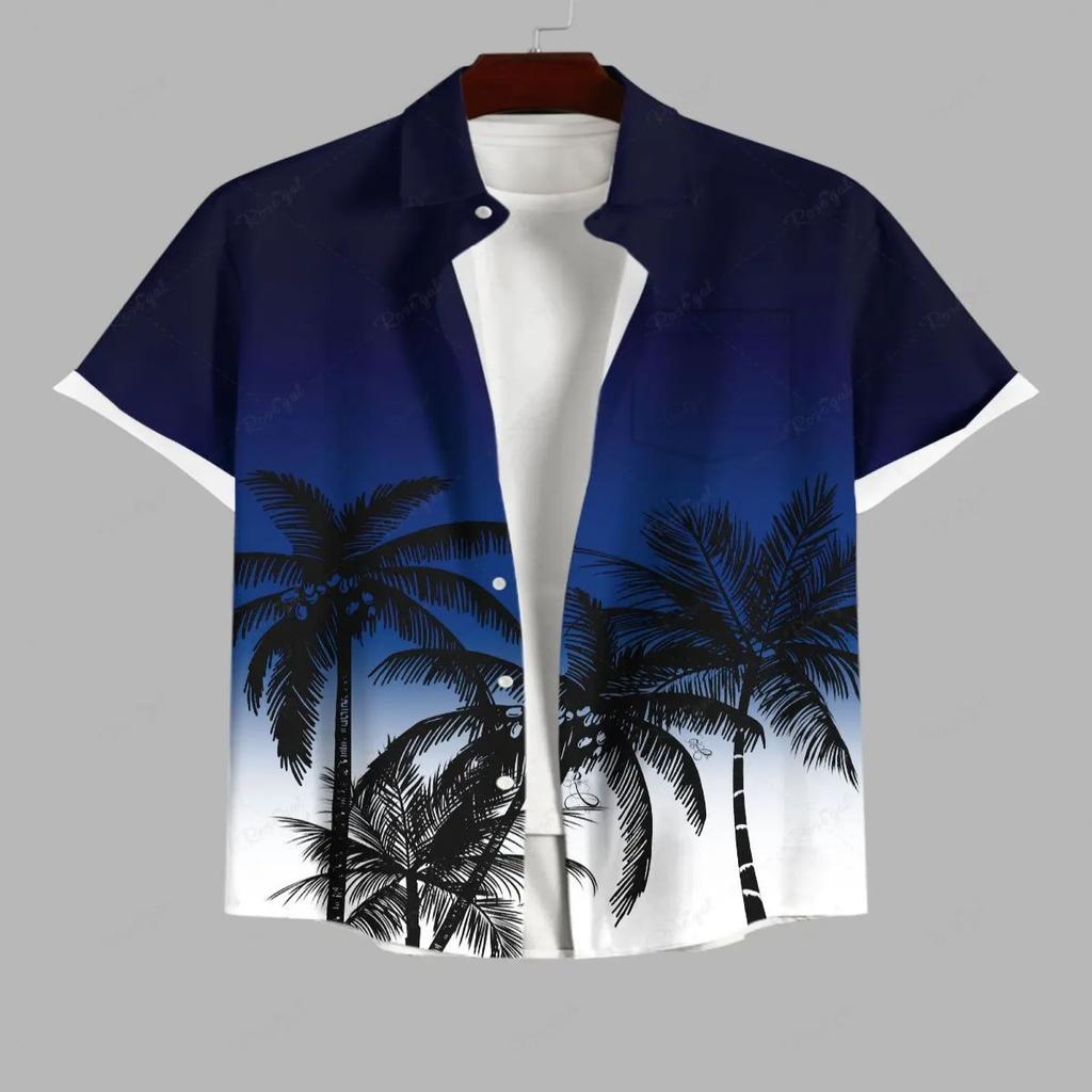 Vacation Style Coconut Tree Printed Short Sleeve Shirt, Loose Lapel Fake Two-Piece Design, Casual Breathable Outfit for Daily Wear and Beach Trips