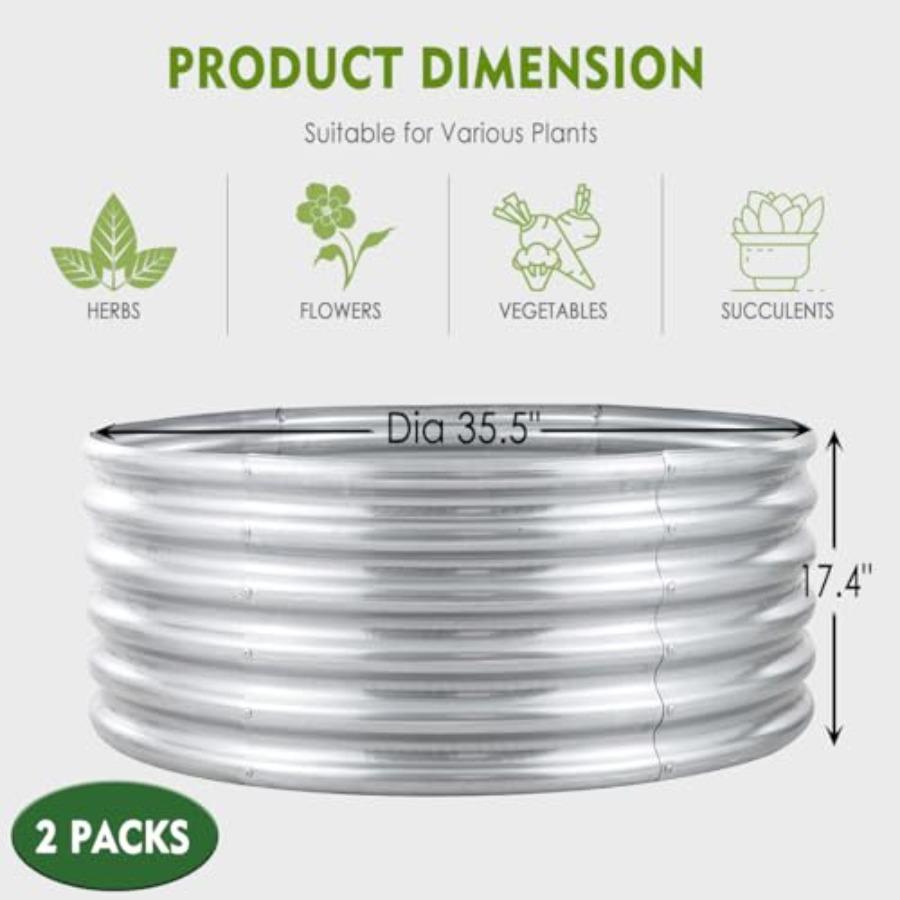 2Pcs 3X3X1.5 Ft Round Galvanized Raised Garden Bed Kit Silver Outdoor Planter Garden Bed Metal Raised Box for Fruits Vegetables