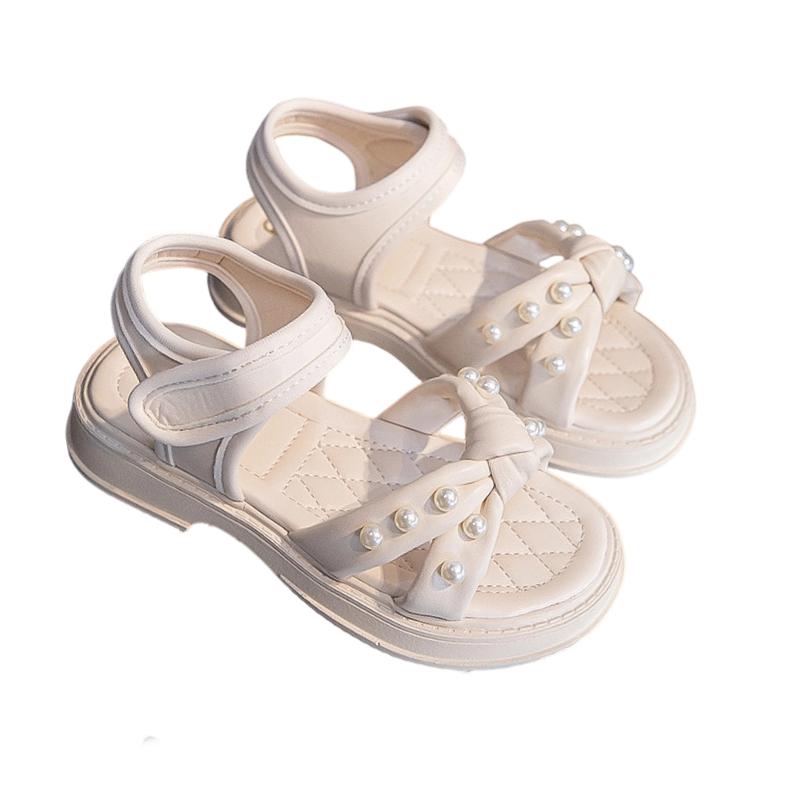 Girls Summer Pearl Decor Princess Sandals Adjustable Strap Non Slip Beach Shoes Lightweight Comfortable Soft Sole Footwear