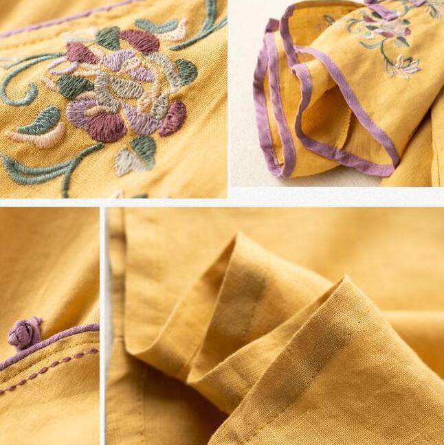 Cotton and Linen Medium-sleeved Embroidery Oblique Placket Disc Buckle Ethnic Style Retro Shirt Female Spring and Summer New Models