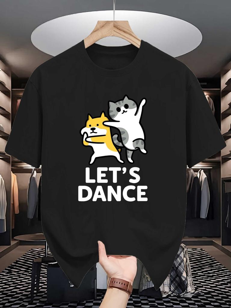 Unisexs Crew Neck T Shirt Funny Lets Dance Dancing Cat Dog Cartoon Pet Graphic Short Sleeve Casual Cotton Trendy Summer Tops