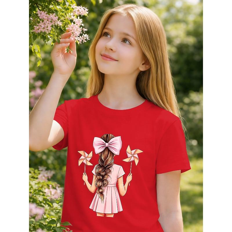 European Sizes Children's Summer Short-Sleeve T-Shirt, Cartoon Print Top for Girls, Featuring a Cute Design, Suitable for Outings and Daily