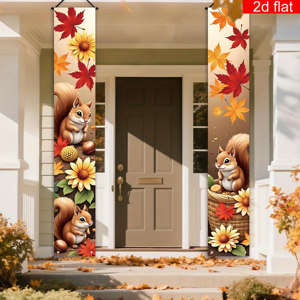 Fall Thanksgiving Porch Sign Cartoon Squirrel Nut 1 Pair Polyester Indoor Outdoor Decor