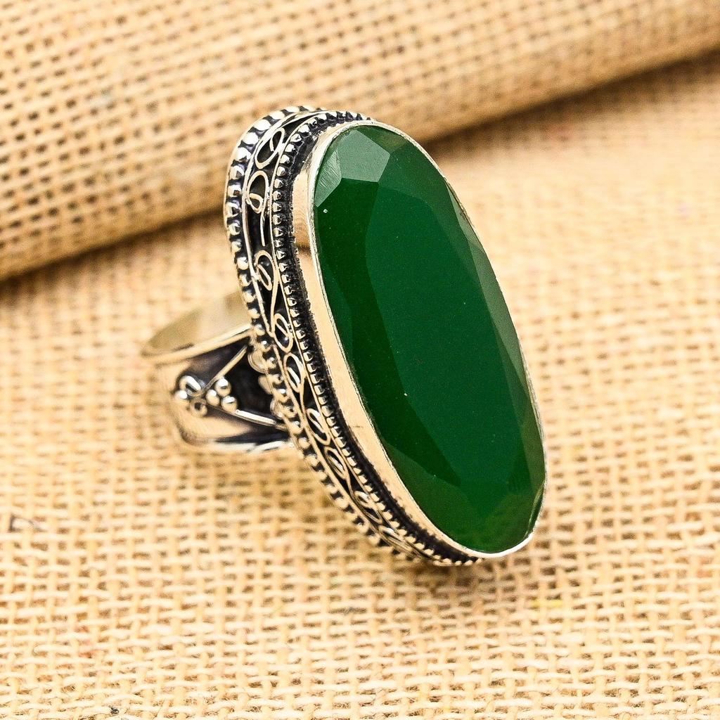 Nydelig Grønn Onyks Edelstein Håndlaget 925 Sterlingsølv Dame Smykker Ring