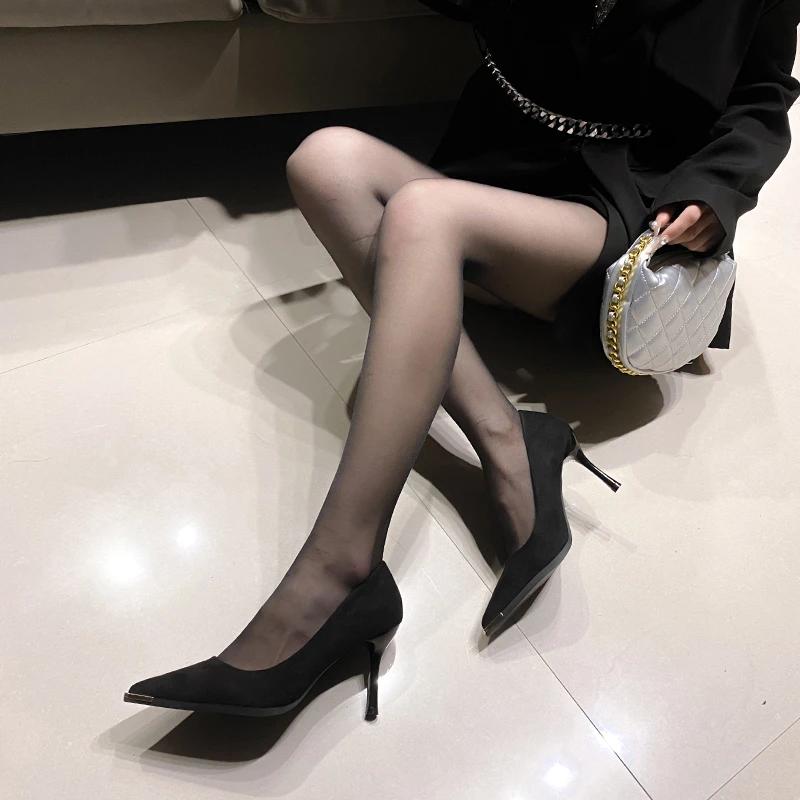 Women's Single Shoes With Heels Pointed Toe Thin Heels Black Four Seasons Metal Decoration Plus Size Single Shoes 2025new Shoes