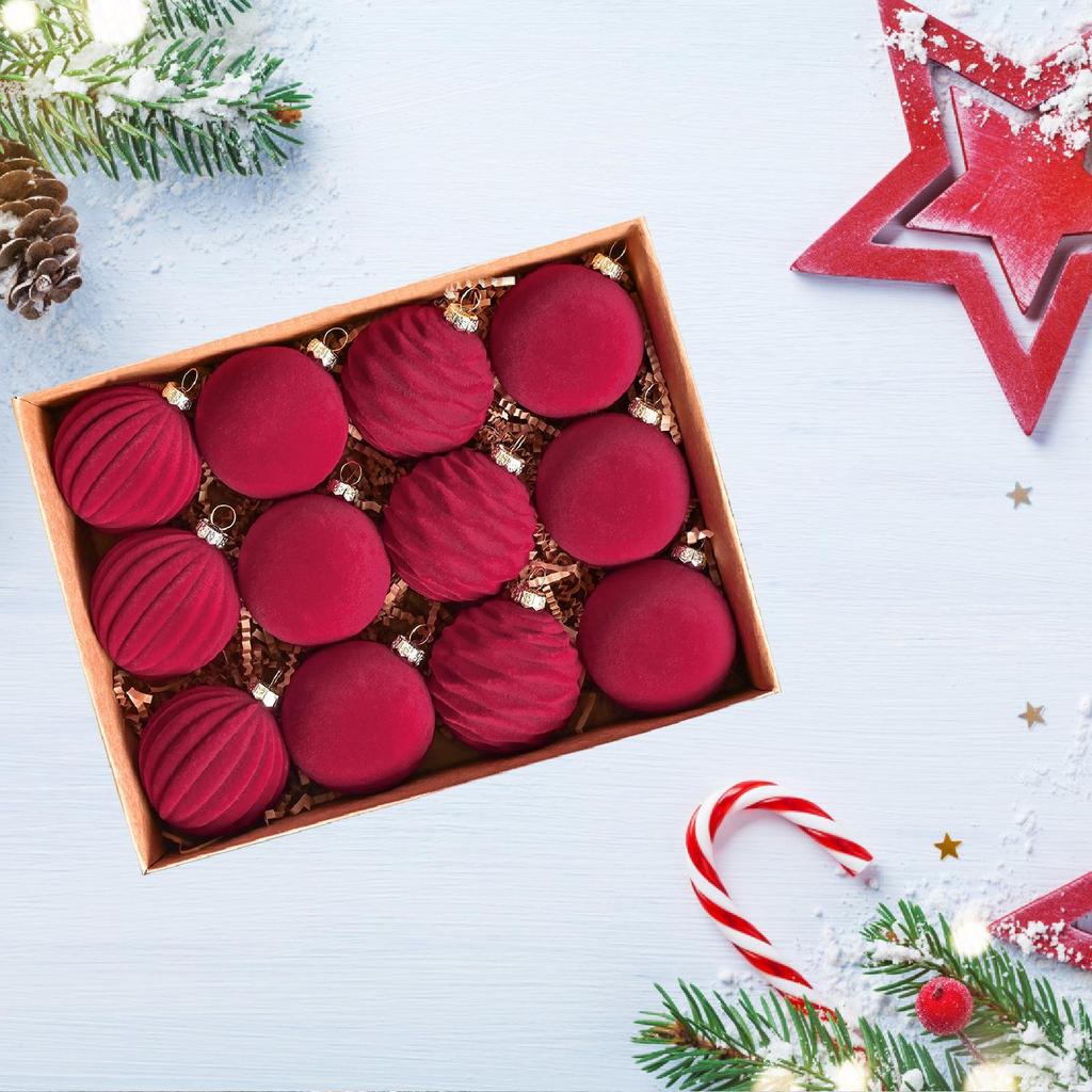 12Pcs Flocked Christmas Ball Ornaments 2.4inch Decorative Baubles for Anniversary