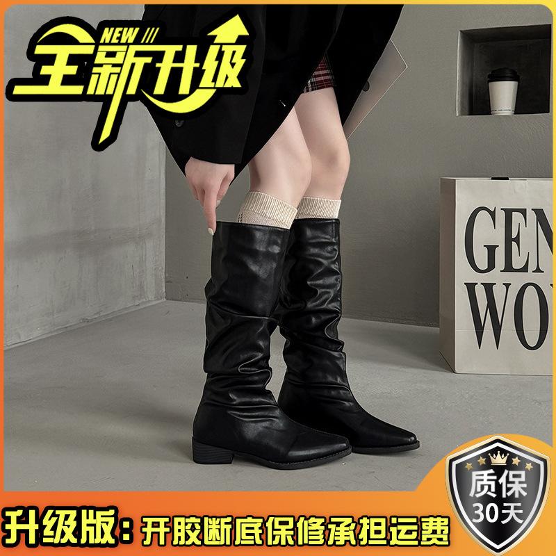 Retro simple women's cowboy boots spring and summer pointed pleated leather boots stacking boots thick heel high boots knight boots