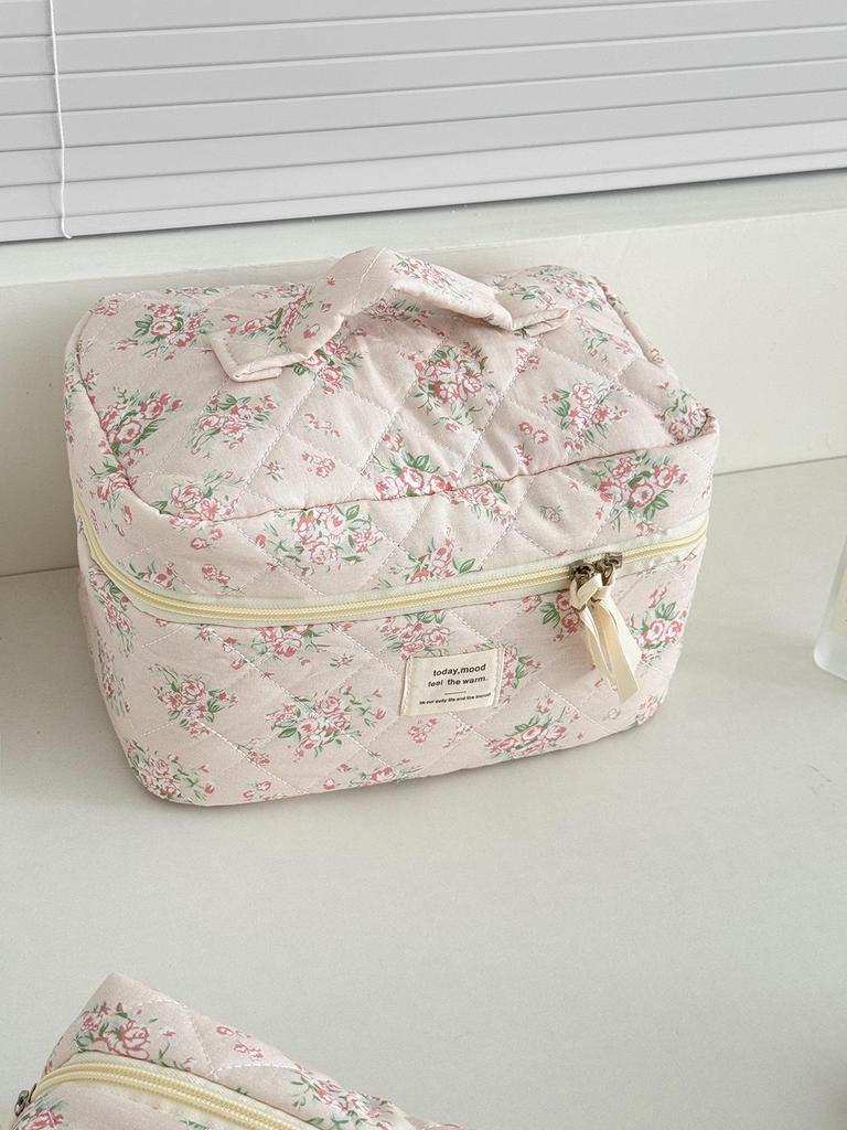 Floral Plaid Quilted Makeup Bag - Large Capacity, Portable Wash Bag