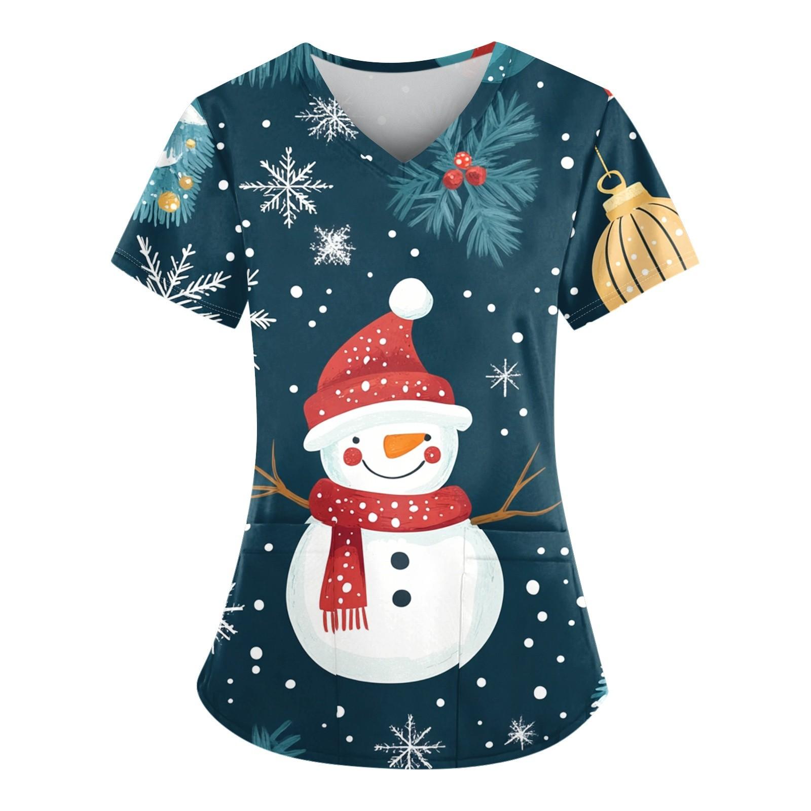 

Жіночий різдвяний сніговик, вільний принт, кишеня з V-подібним вирізом і короткими рукавами XXL ціан