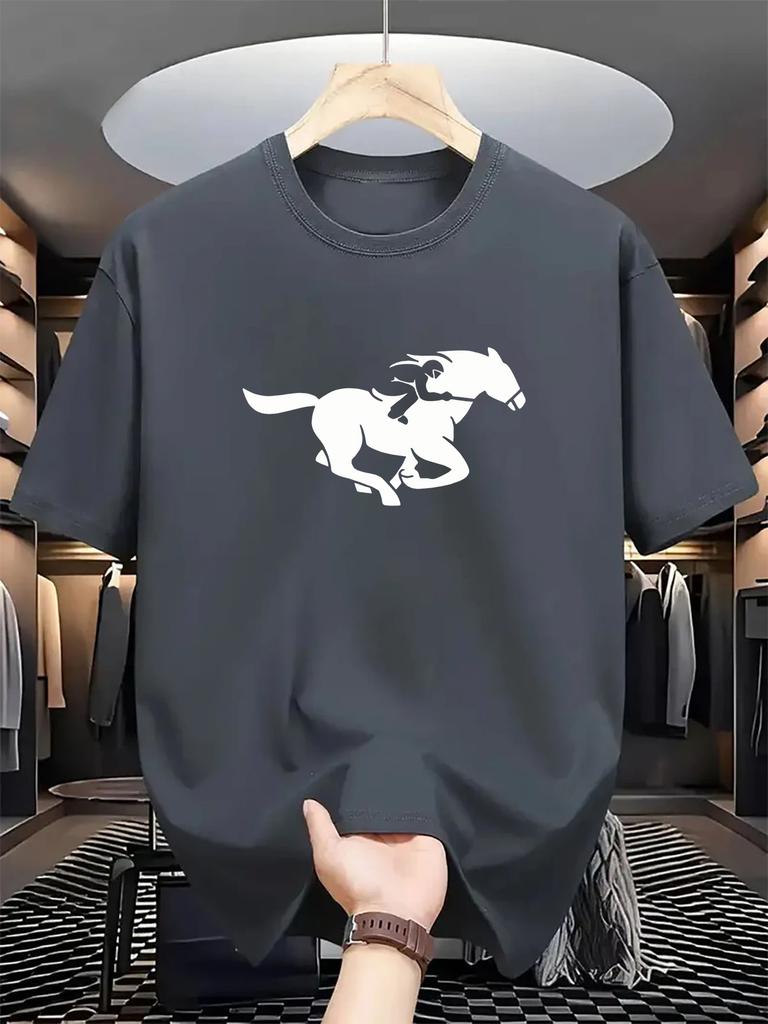 Round Neck Super Elastic Casual Cavalry print Short-Sleeved Men Daily Party Home Social T-Shirt Solid Color Vintage Streetwear