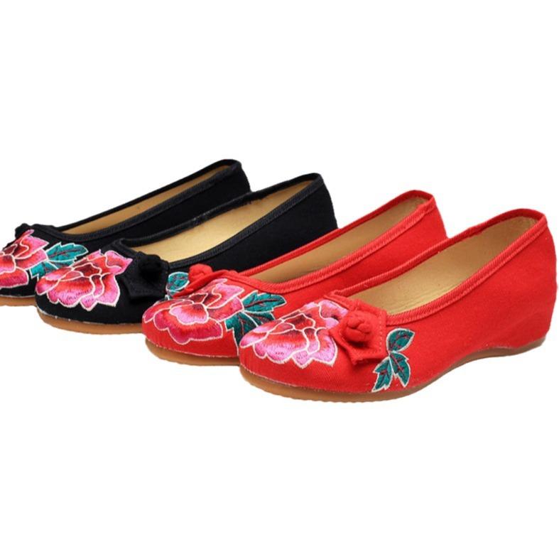 Sapatos de tecido bordados com botão de nó retrô, sapatos de salto baixo de lona para mulheres