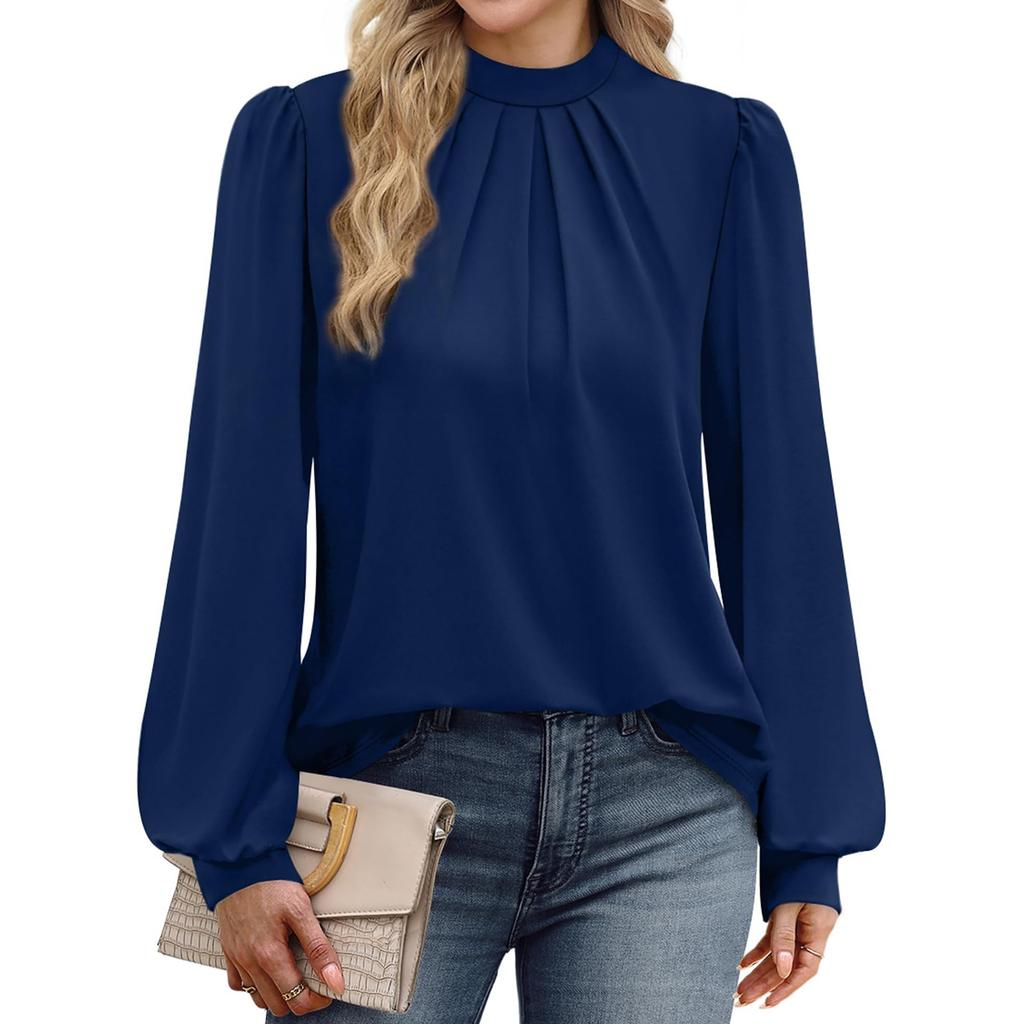Ladies' Fashionable And Elegant Chest Pleated Stand Collar Long Sleeved Solid Color Top
