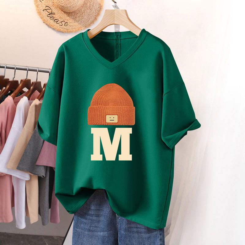 

Женская футболка с коротким рукавом, большого размера, свободного кроя, стройнящая, нишевая, топ из чистого хлопка с V-образным вырезом, закрывающий живот 5XL темно-зеленого