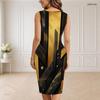 Women Plus Size V Neck Sleeveless Black Gold Printed Bodycon Midi Dress