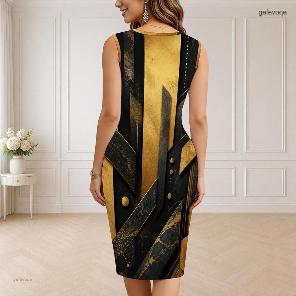 Women Plus Size V Neck Sleeveless Black Gold Printed Bodycon Midi Dress