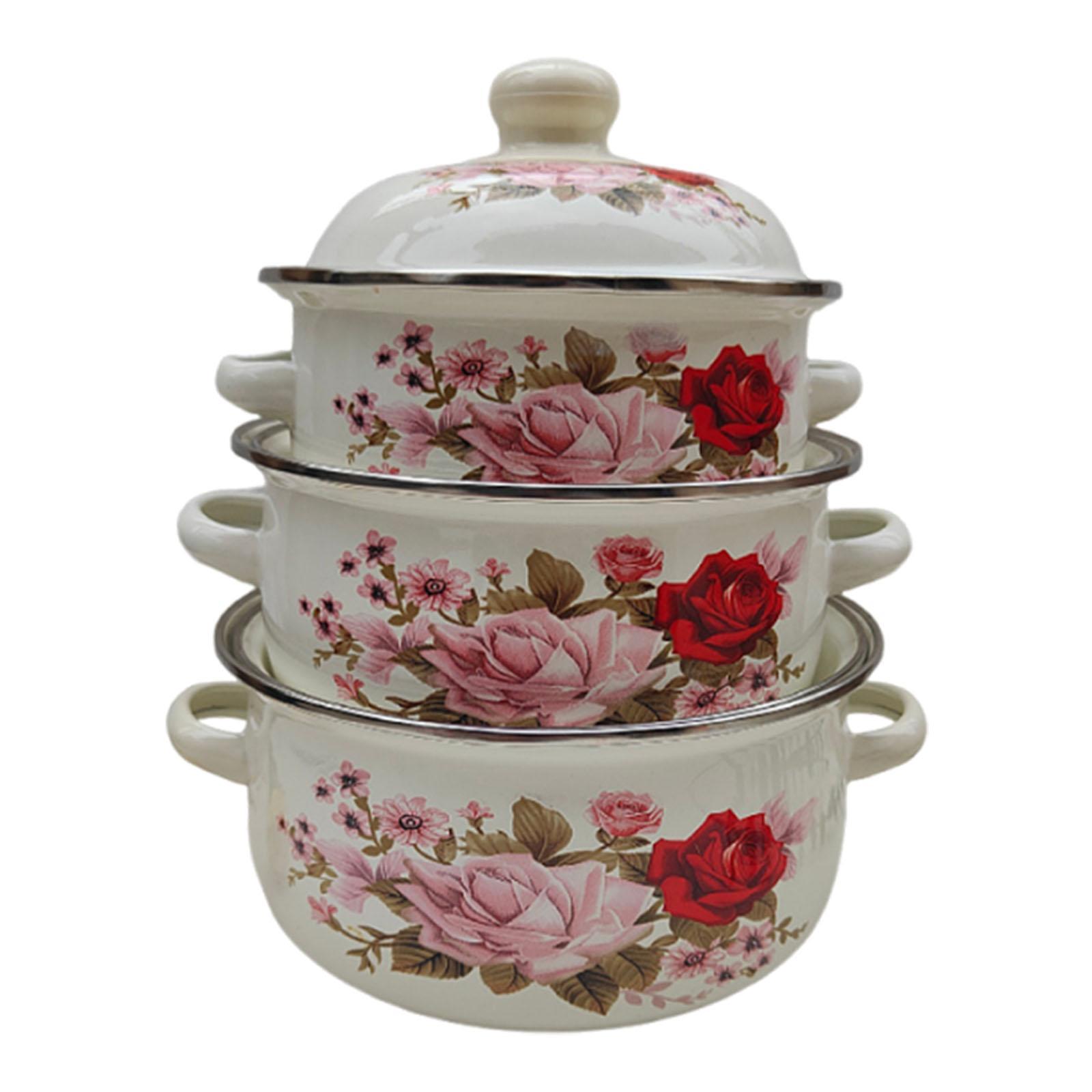

3 Pieces Enamel Stockpots Double Handle Retro Design Kitchen Appliances Cooking Pots for Dining Restaurant Cooking Kitchen Home