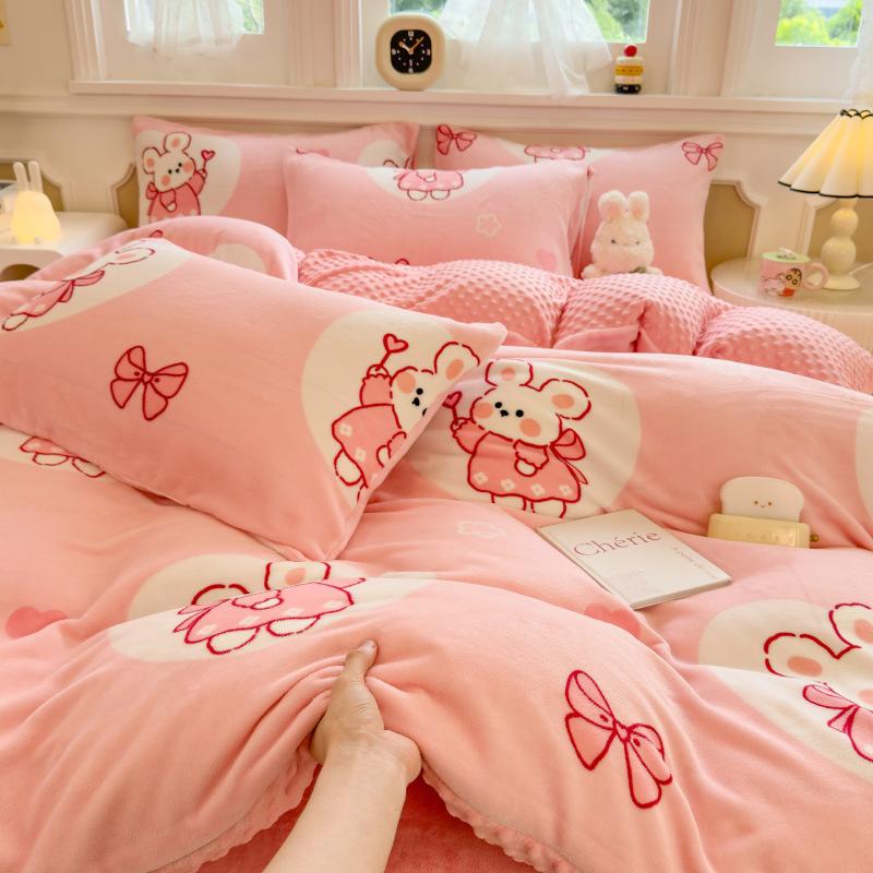 Milk Fleece Four-piece Dormitory Three-piece Set Thickened Quilt Cover Bedding