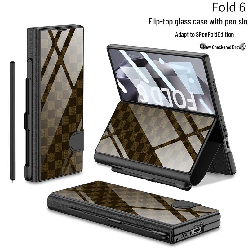 Samsung Z Fold 6 Leather Flip Case with Pen Slot and Glass Cover – Stylish and Business-Friendly.