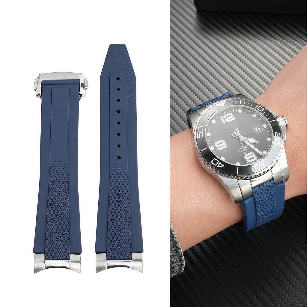 21mm Fluorous Rubber Watchband for Longines Hydroconquest L3.781/L3.883.4 Conquest Sports Diving Watch Strap+Metal Interface
