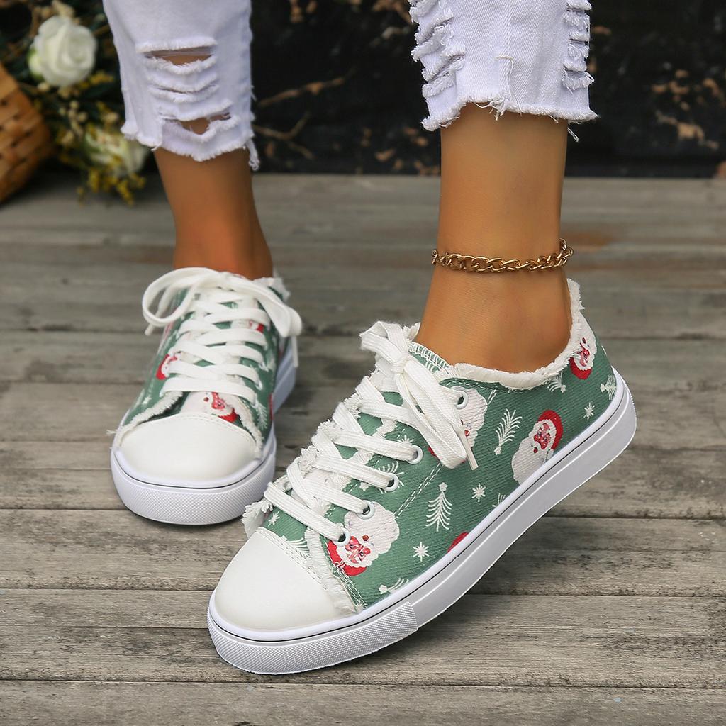 Christmas Casual Flat Baseplate Shoes Women's Large Size Santa Pattern Lace-up Canvas Shoes