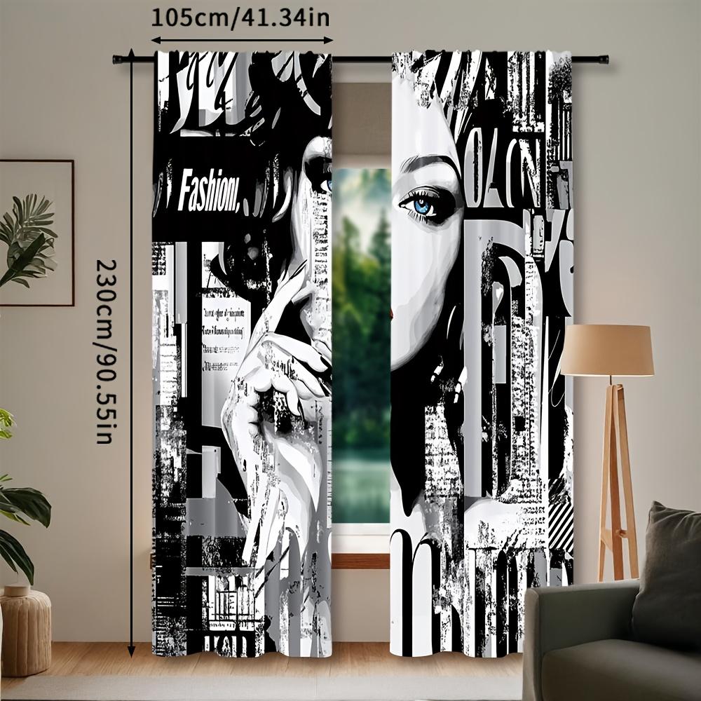 2pcs Fashion Woman Portrait Curtains Modern Art Print Blue Eyes Red Lips Abstract Design Polyester Window Drapes for Living Room