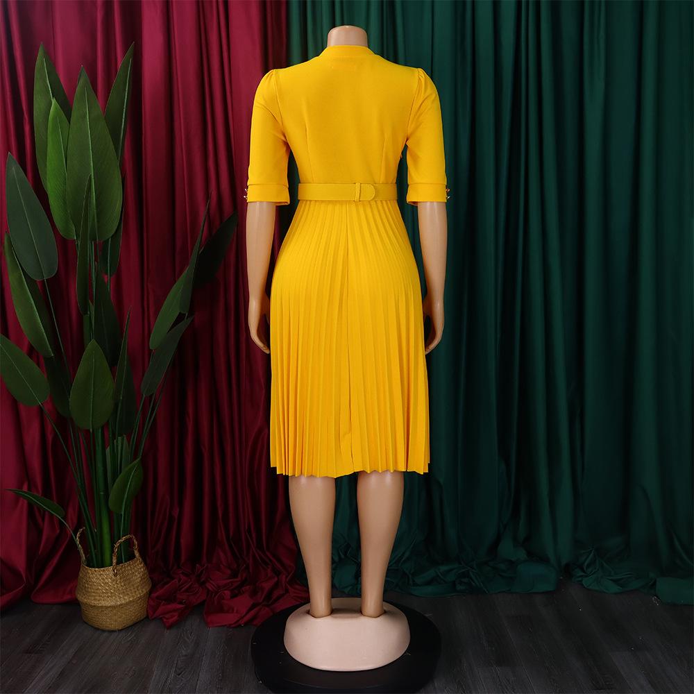 YYFS Women's Fashion Summer Spring Solid Color Print Short Sleeve O-Neck High Waist Casual Dresses