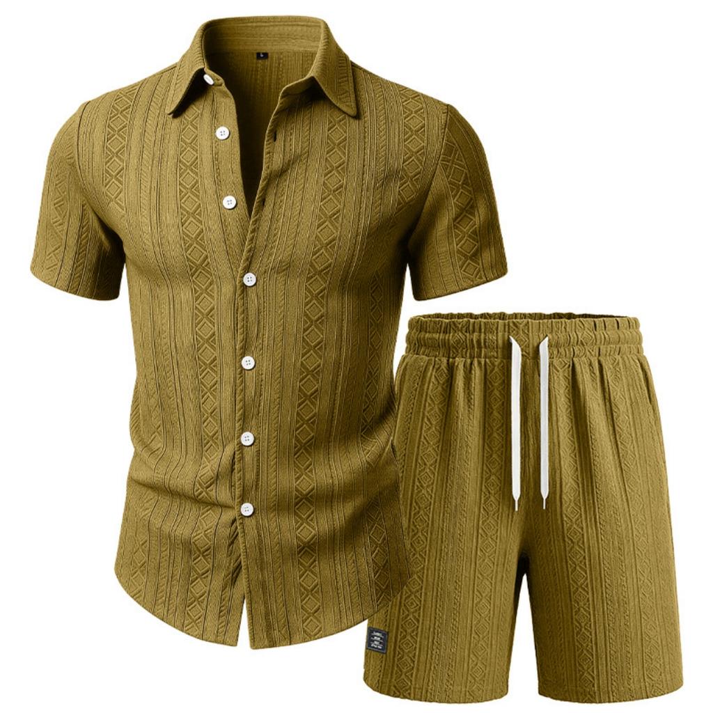 Completo Casual da Uomo a Maniche Corte con Bottoni e Pantaloncini Leggero Traspirante Due Pezzi Adatto per Attività Estive all'Aperto e Tempo Libero