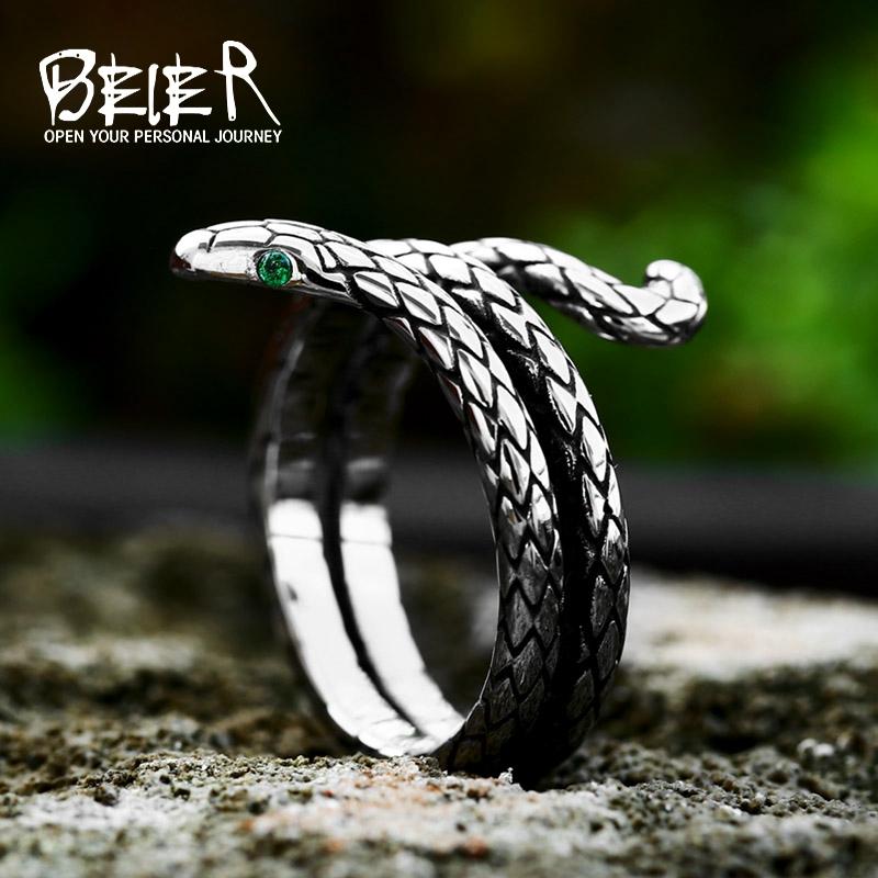 BEIER 2023 New Vintage Stainless Steel Snake Ring With Green Eyes Cool Animal Women's Ring Special Jewelry Wholesale Gift