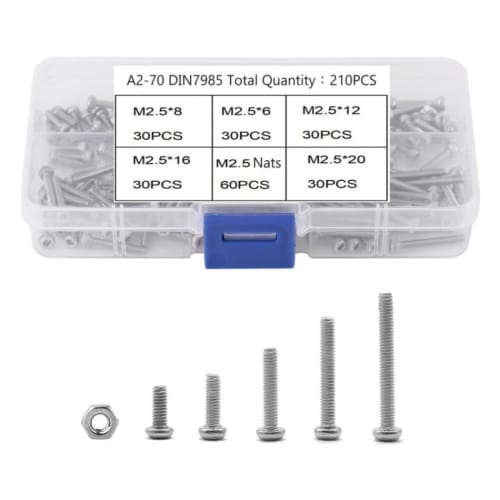 XSAJU 210-Piece Set of M2.5 Hex Bolts and Nuts, 304 Stainless Steel, Silver, with Case