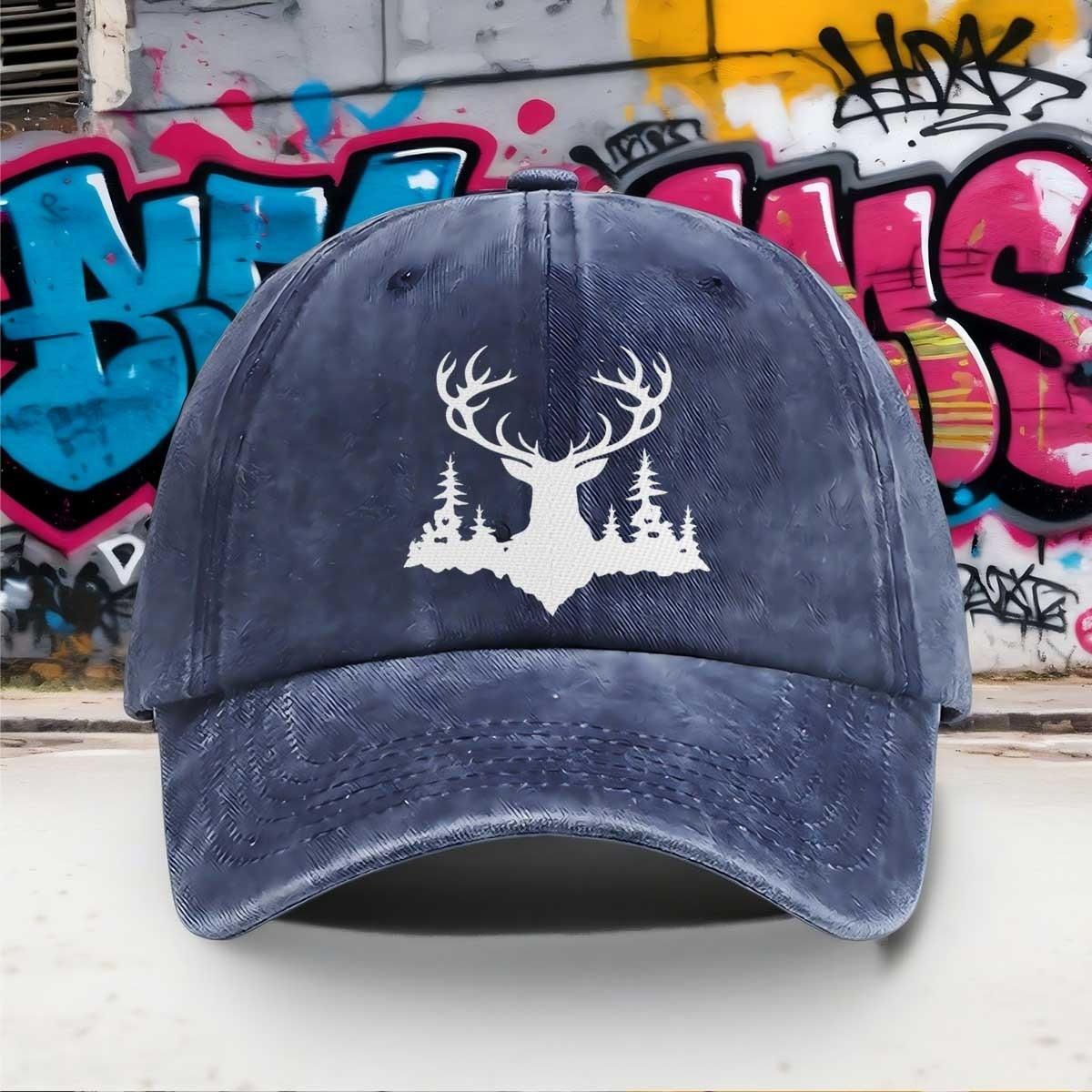 Deer Antler Forest Silhouette Washed Baseball Cap Vintage Outdoor Hunting Style Adjustable Cotton Hat One Size