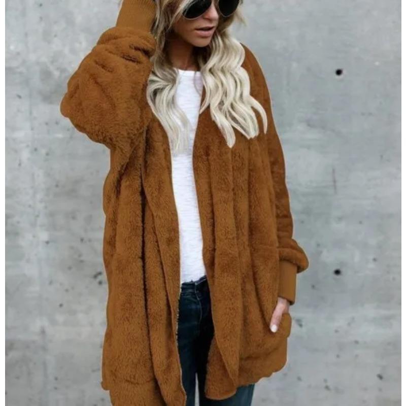 Autumn Winter Double Fleece Cardigan Jacket Women Solid Color Long Sleeve Plush Warm Hooded Lady Jacket Oversized Outerwear