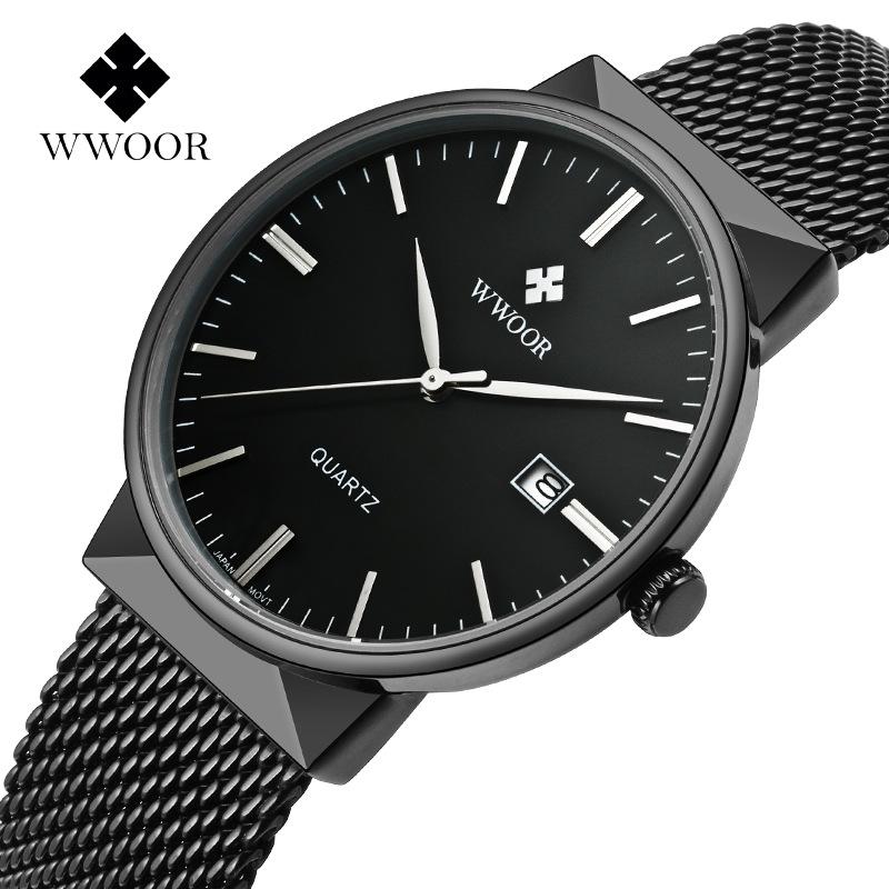 WWOOR Fashion Brand Mesh Strap Quartz Men's Watch Simple Calendar Waterproof Men's Watch
