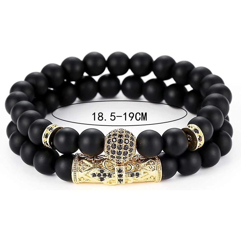 Cross Tiger Eye Copper Micro-inlaid Elastic Bracelet Set: Black Frosted Zirconia Beads in Punk Style