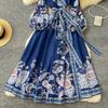 New Printted High Street Dresses For Women V Neck Long Sleeve Patchwork Sashes Temperament Dress Female Dresses