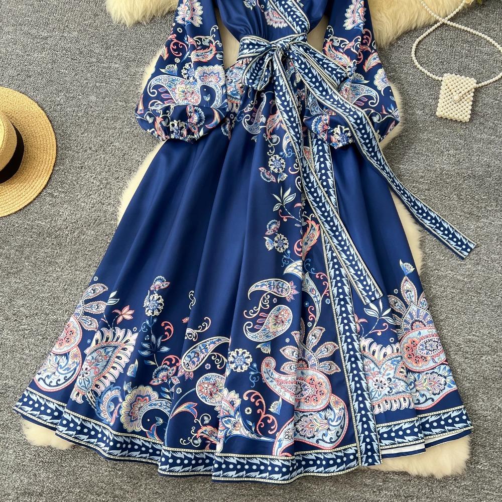 New Printted High Street Dresses For Women V Neck Long Sleeve Patchwork Sashes Temperament Dress Female Dresses