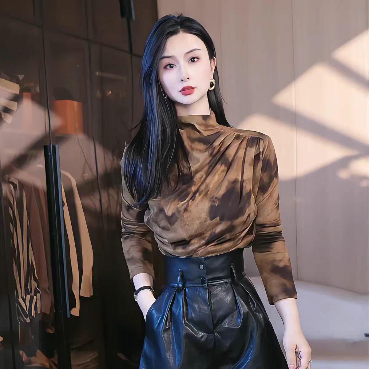 

Plus Size Tie-dye Print Long Sleeve Turtleneck for Women - Age-Reducing Autumn/Winter Base Layer 2XL коричневий