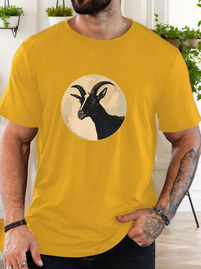 Vintage Circle Black Goat Head Portrait Graphic Print Unisexs Crew Neck Short Sleeve Tee Soft Street Daily Basic Casual Outfit Wear