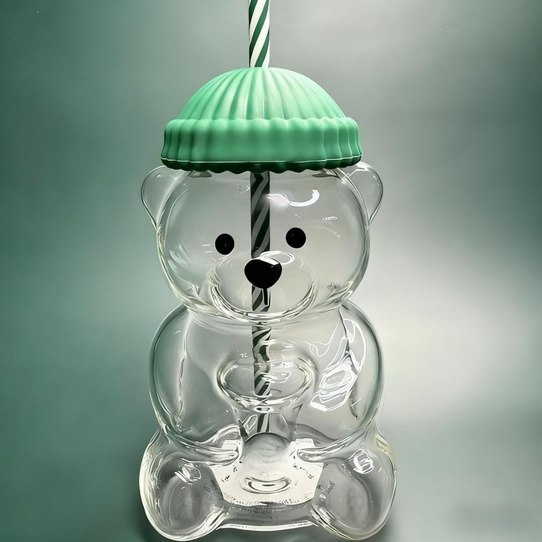 

Cute Bear Shaped Glass Cup with Green Lid & Striped Straw, Transparent Animal Design BeverageContainer forCoffeeTea, Ideal Gift 500ml plastic