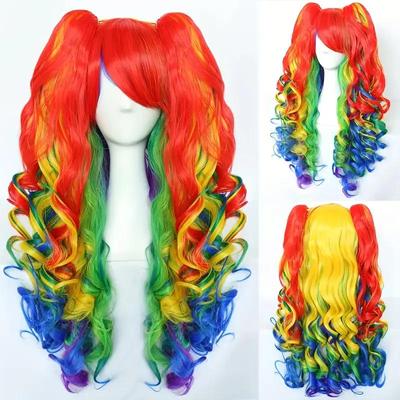 Rainbow Wig Long Curly Synthetic Wig with Bangs for Women Colorful Wigs Wavy Rainbow Multi Colorful Wigs with Hairnet