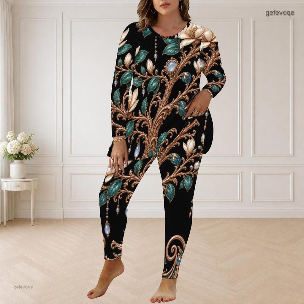 Women Plus Size Black Printed Round Neck Long Sleeve Longline Top Fitted Pants Two Piece Set