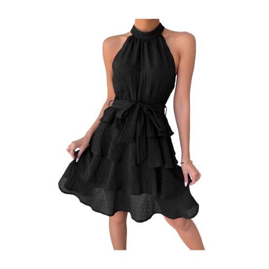 Women Halter Sleeveless Dress Ruffle Layered Swing Dress Loose Lightweight Elegant Solid Color