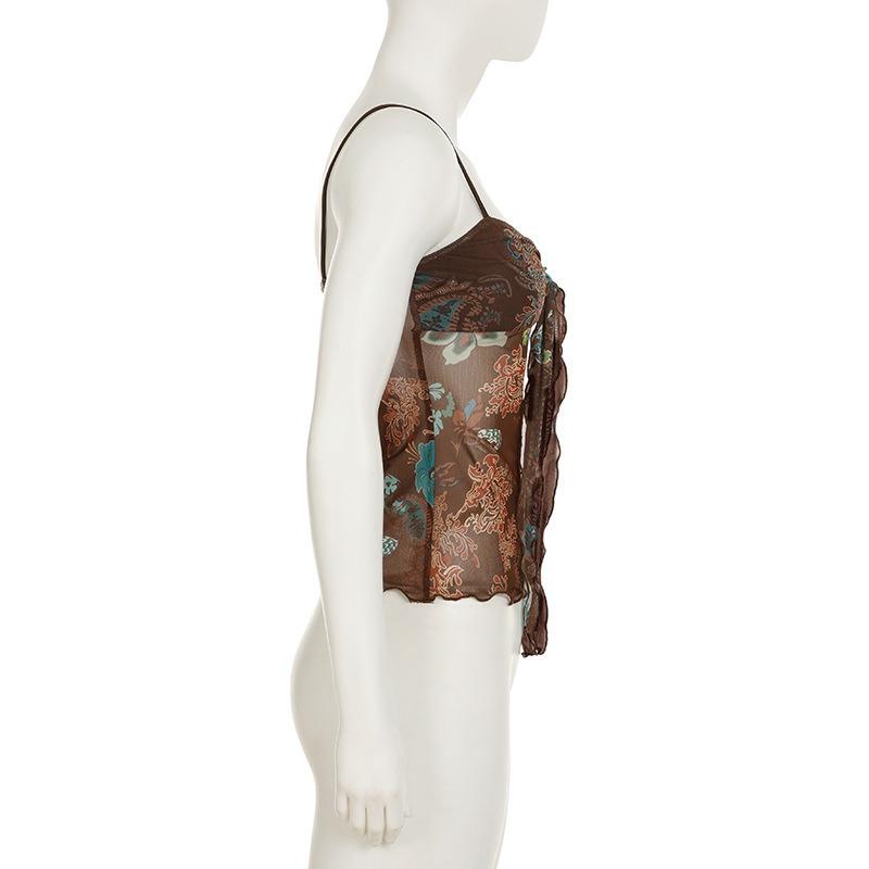 Top Canotta da Donna Estiva con Spalline Sottili, Stampa Floreale Paisley, Rete Trasparente, Nodo Frontale, Vestibilità Aderente