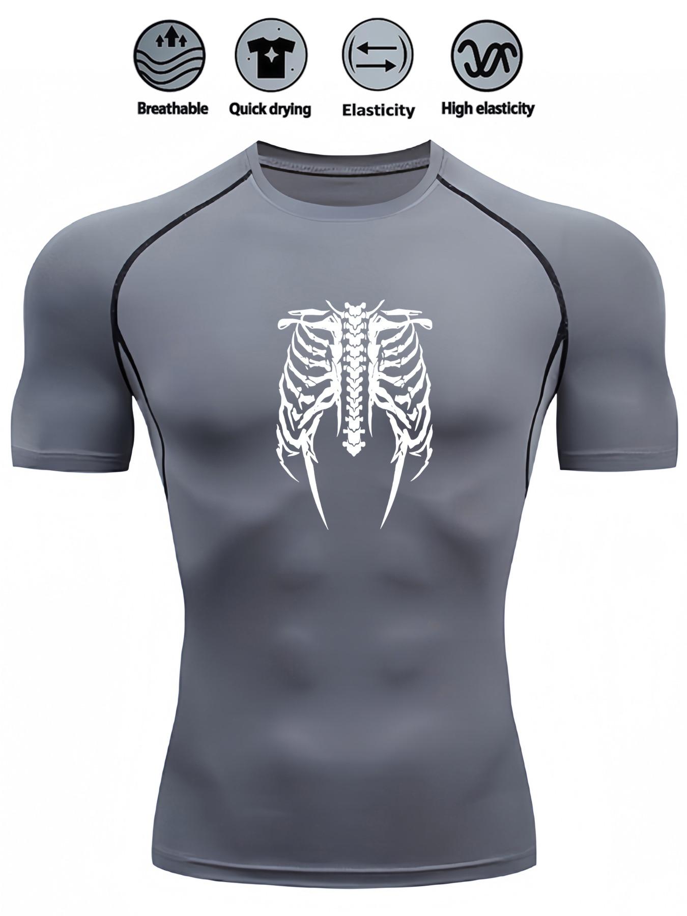 Men s Compression Shirt Quick Dry Gray Gym T-Shirt White Skeleton Rib Cage Print Workout Sportswear S серый