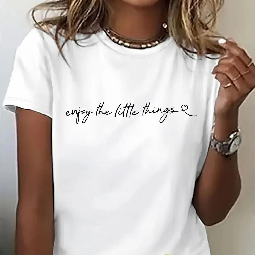 Womens Casual TShirt with Enjoy The Little Things Print Black with White Short Sleeve Cursive Lettering Ladies Tops
